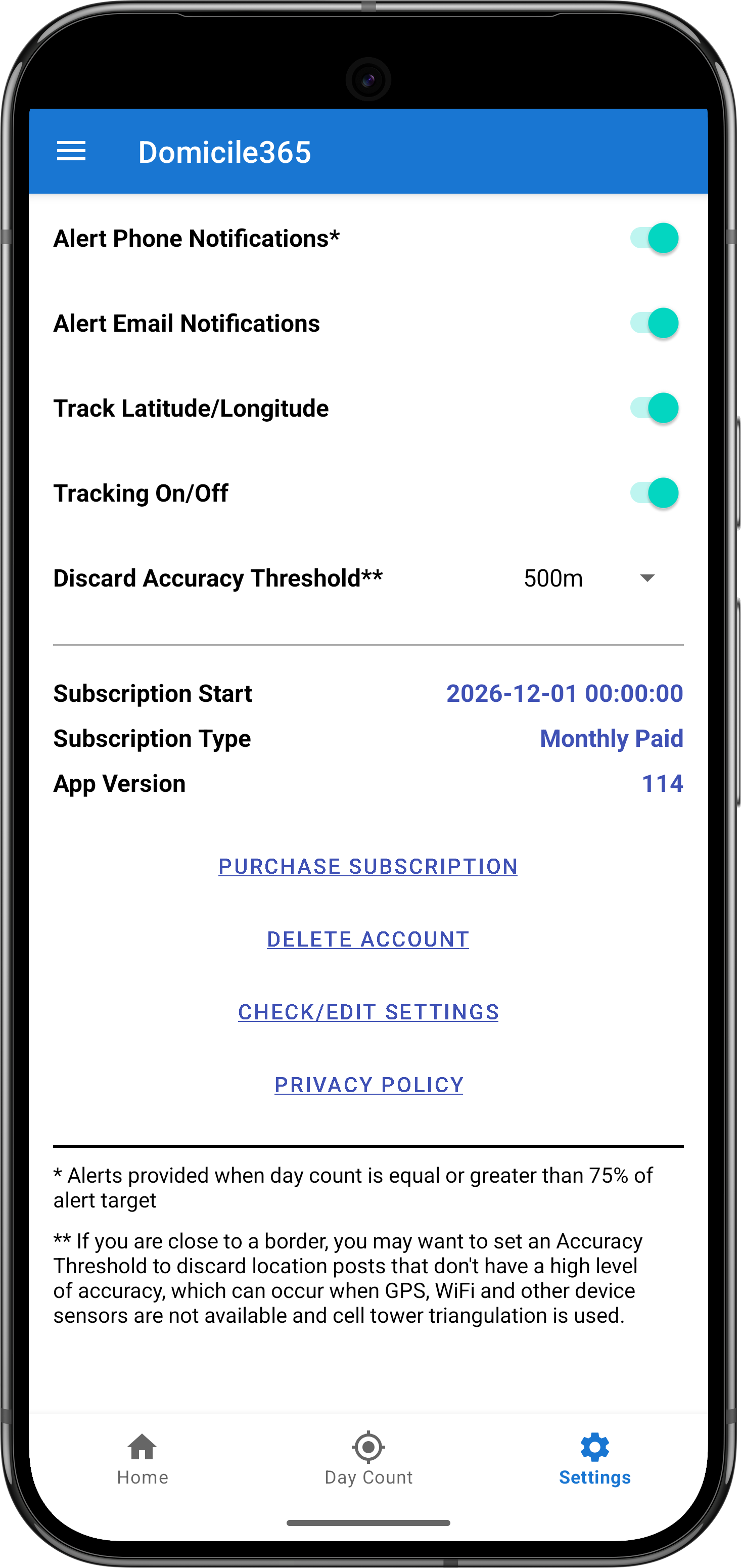 Domicile365 App Settings - Tracking On Screenshot