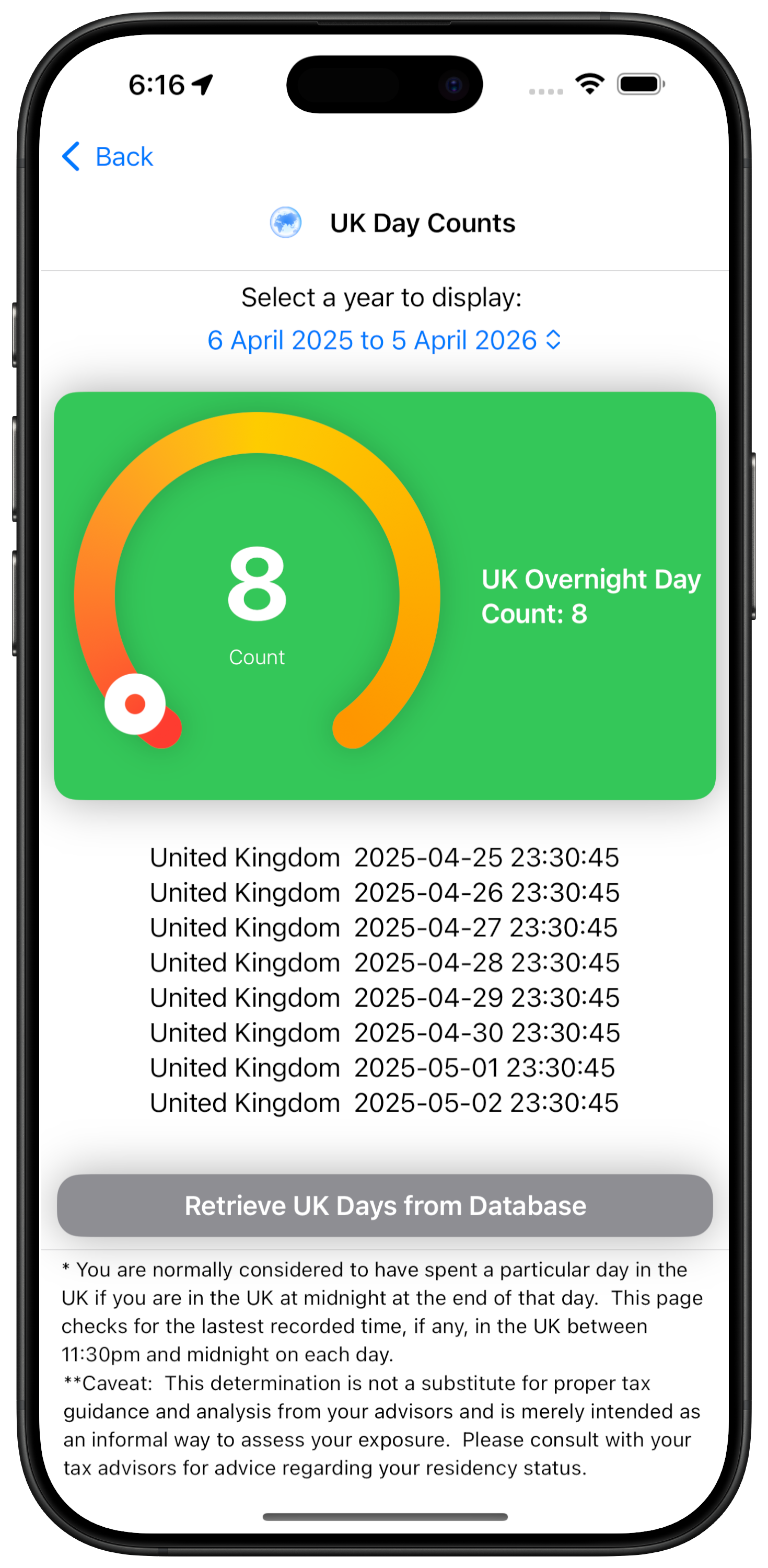 image of App on United Kingdom specific page showing day counts and tests