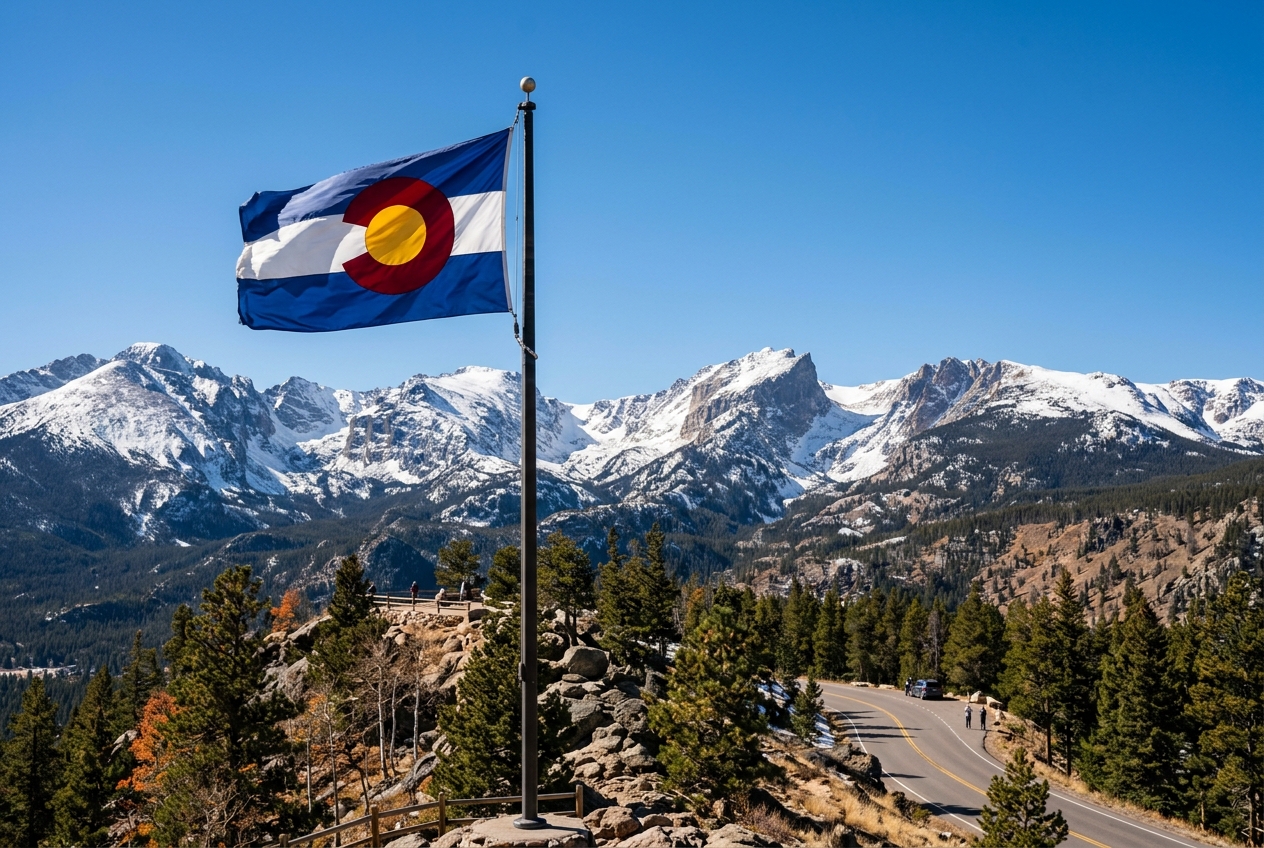 Colorado Flag and Rocky Mountains